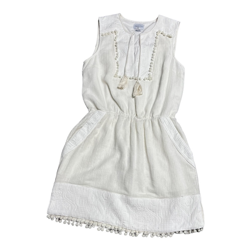 SAYLOR Linen Boho Cream  & white Pom Pom Sleeveless Mini Dress with pockets